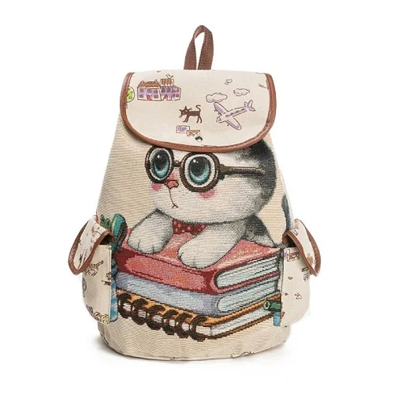 Miyahouse Casual Canvas School Backpack Women Lovely Cat Printed Drawstring Backpack Teenager Large Capacity Ladies School Bag