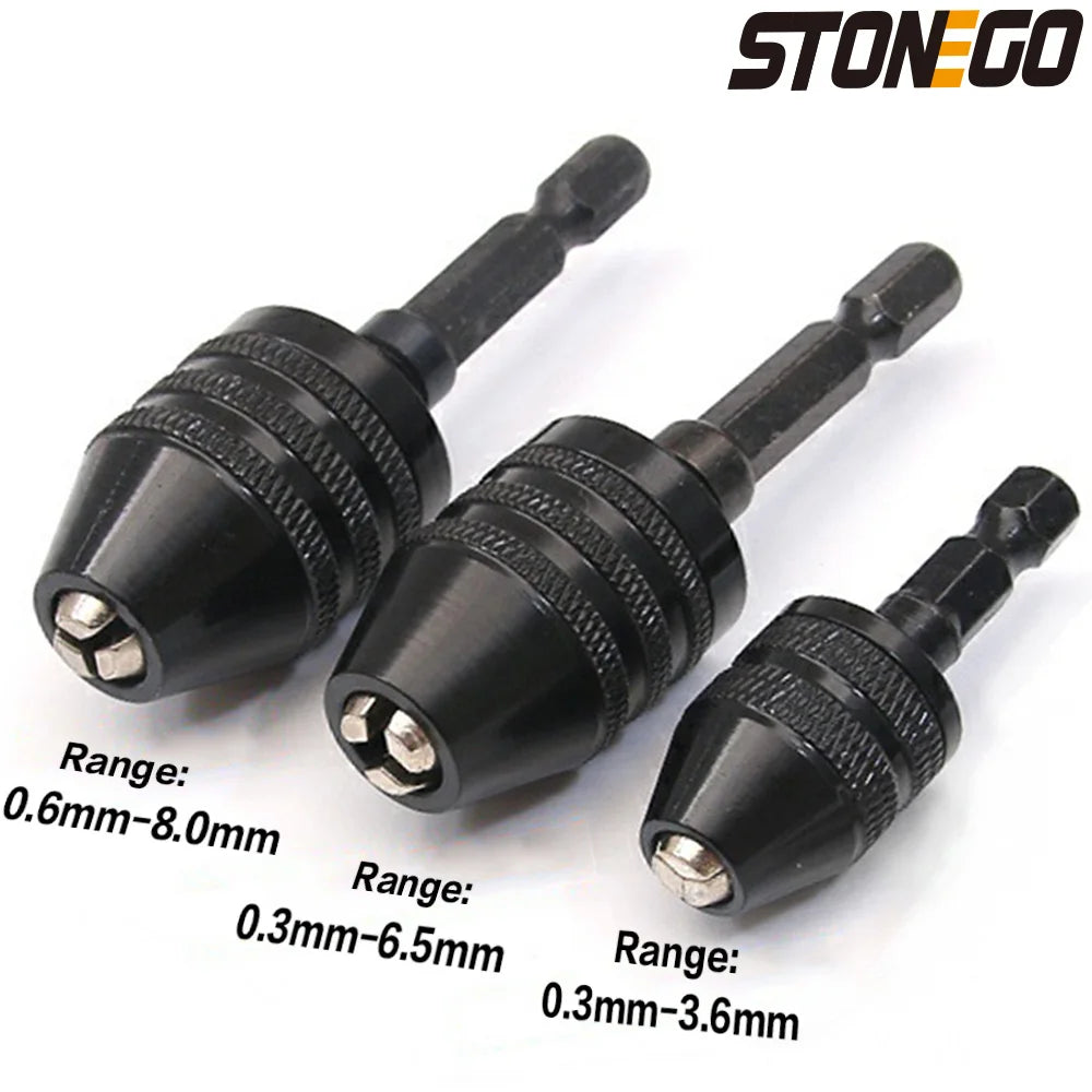 STONEGO 1PC Keyless 0.3-3.6mm/0.3-6.5mm/0.6-8.0mm Drill Chuck 1/4" Keyless Drill Chuck Hex Shank Adapter Converter Quick Change