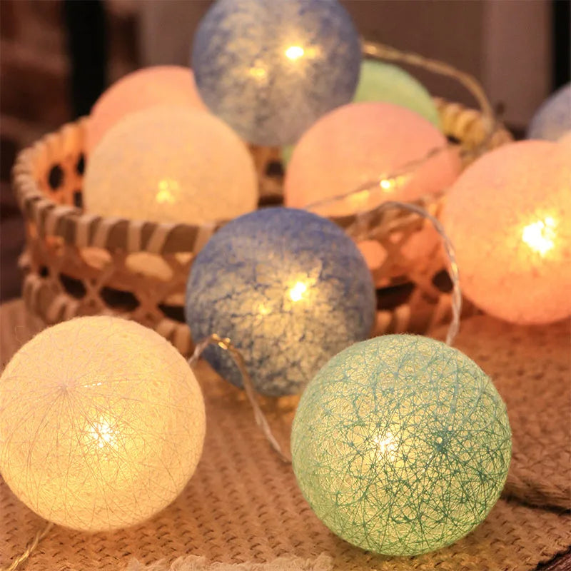 Christmas Cotton Ball Decorative String Light Handmade DIY Thread 20/40 Balls String Lamp Battery/USB Family Party Fairy Lights