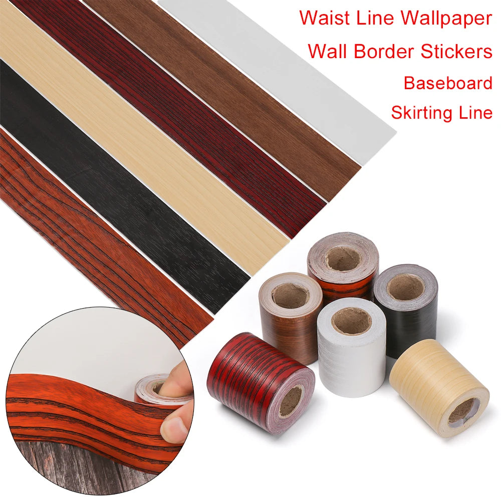 Self-adhesive Wood Grain Waist Line Wallpaper Waterproof PVC Wall Border Baseboard Stickers Vinyl Decals Home Decor Decal