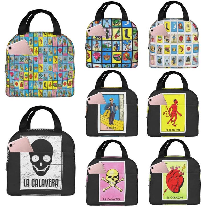 Colorful Mexican Loteria Cards Lunch Bag for Women Girls Kids Insulated Picnic Pouch Thermal Cooler Tote Bento Cute Bag