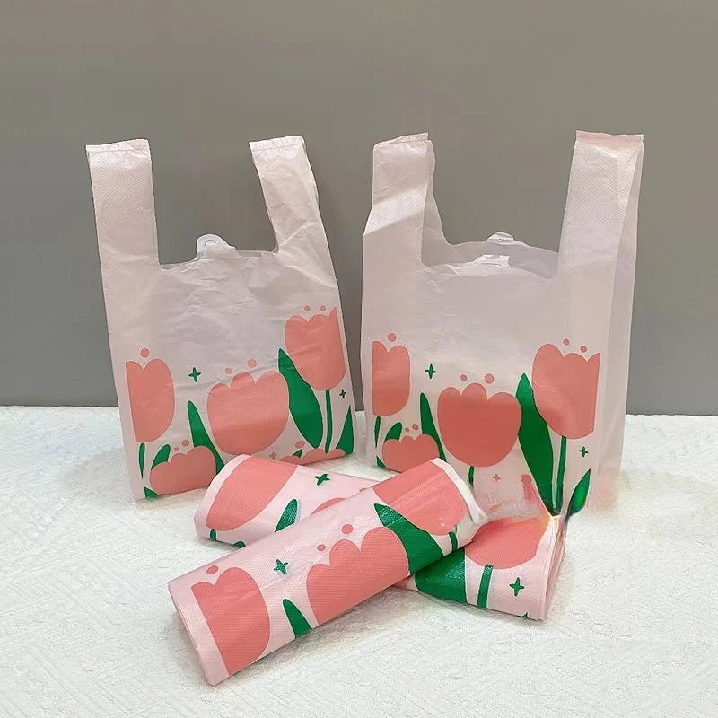 Pink Tulip Clear Shopping Packaging Bag Plastic Cute Flower Gift Bags For Jewelry Candy Store Small Business Supermarket