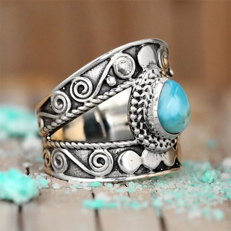 Women's Ring Bohemia Retro Geometry Natural Turquoise Ring Silver Color Inlaid Flower Ring Women's Party Jewelry Accessories