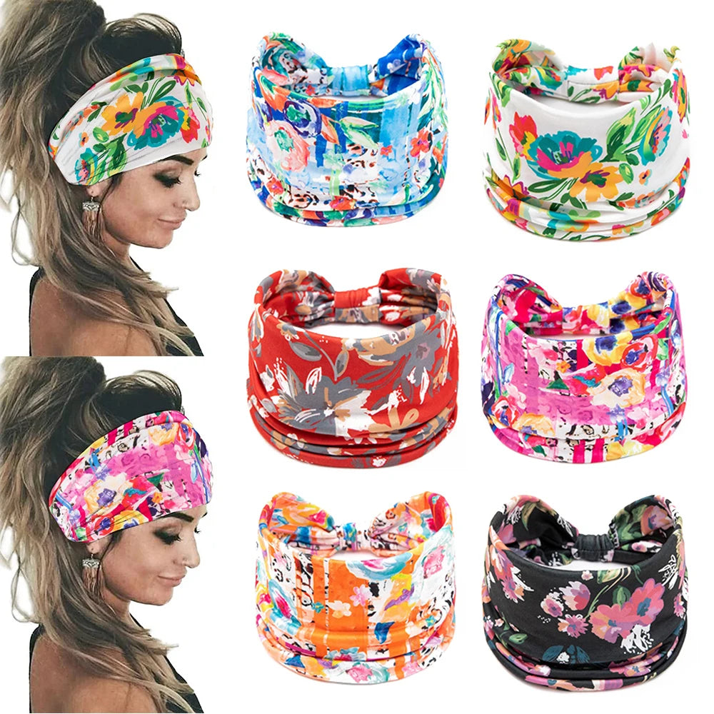 Boho  Women Wide Knotted Hairbands Elastic Turban Head Bands Nonslip Floral  Sports Sweatbands Workout Head Wraps Headband