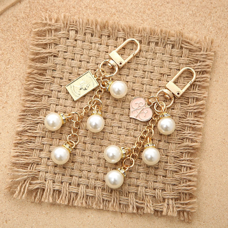 Fashion Faux Pearl Tassel Key Chain Heart Letter Pendant For Women Bag Ornament Exquisite Headphone Case Charm Jewelry Gift