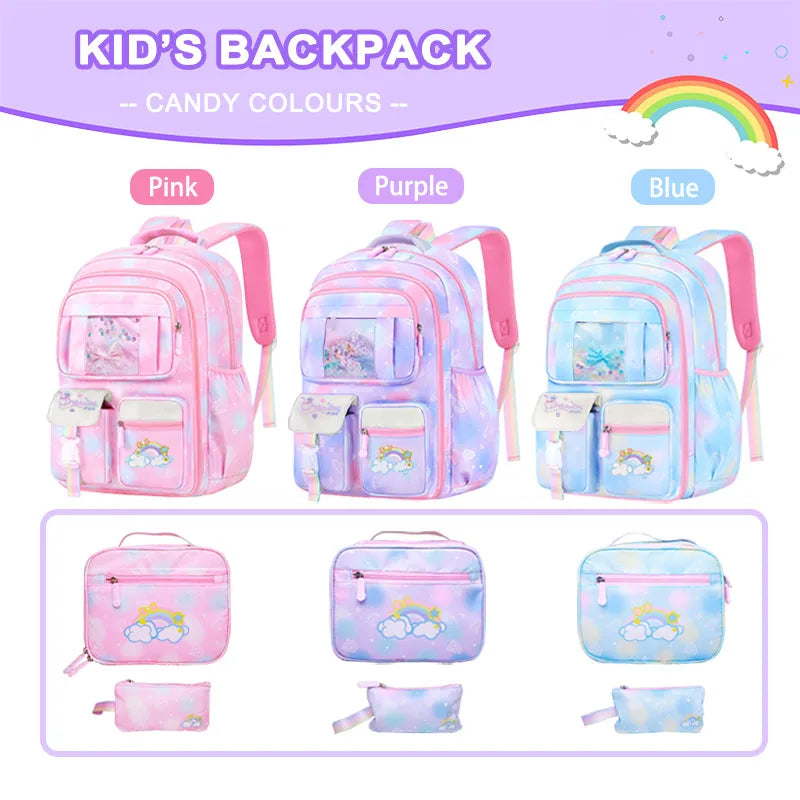 Girls School Backpack with Lunch Bag Candy Color Kids School Book Bag for Primary Students Full Size Travel Bag