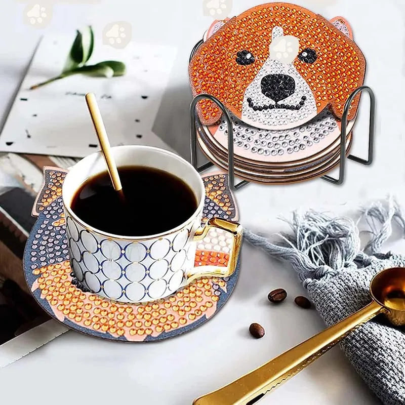 Diamond Art Dog Coasters with Holder Anti Slip Wood Drip Mats Special Shape Diamond Painting Coasters for Drinks