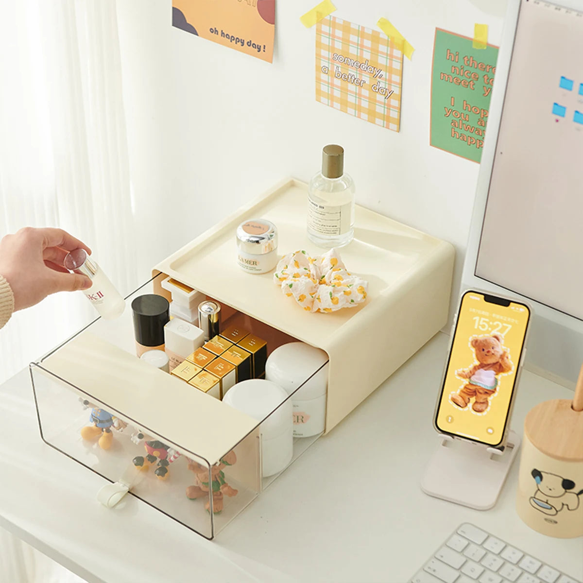 desktop storage box, cream style pull-out cosmetic lipstick organizing box, bubble mat dustproof transparent handle box