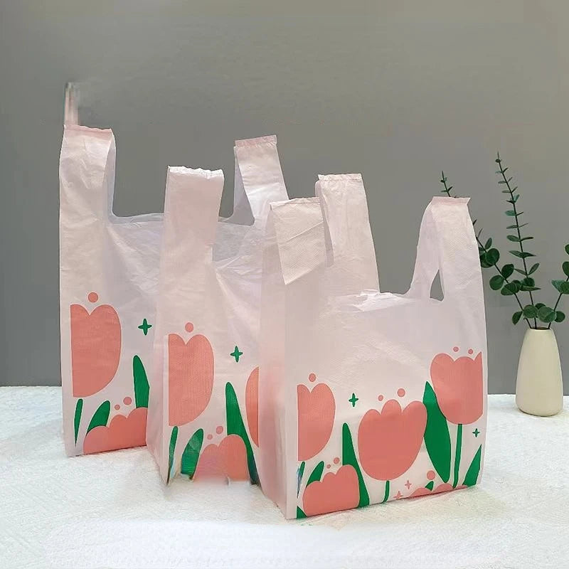 Pink Tulip Clear Shopping Packaging Bag Plastic Cute Flower Gift Bags For Jewelry Candy Store Small Business Supermarket