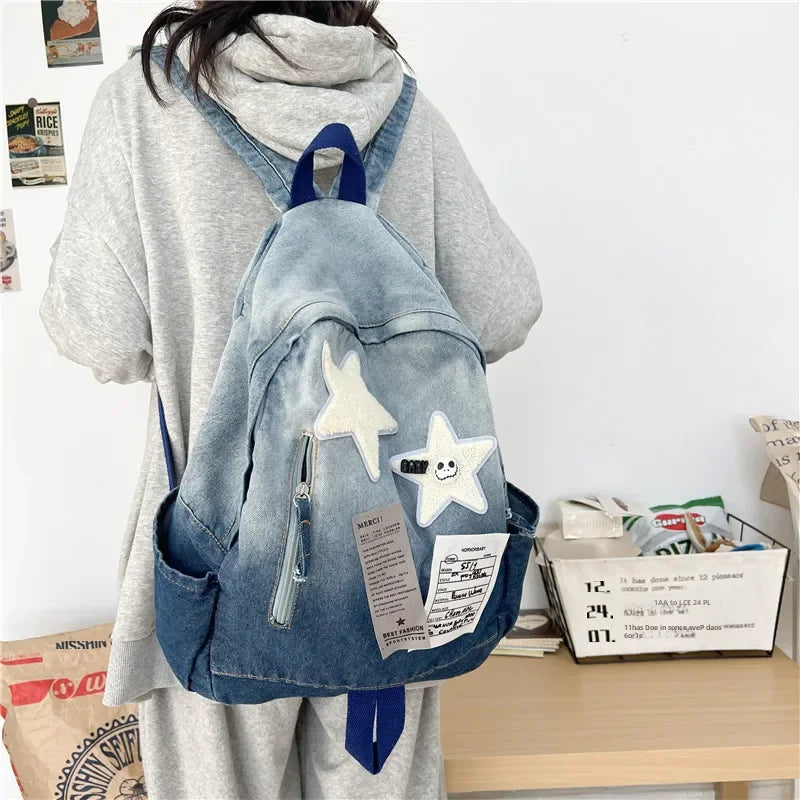 Denim Star Backpack Versatile Travel Bag For High School Students Double Shoulder Bag Vintage Feeling