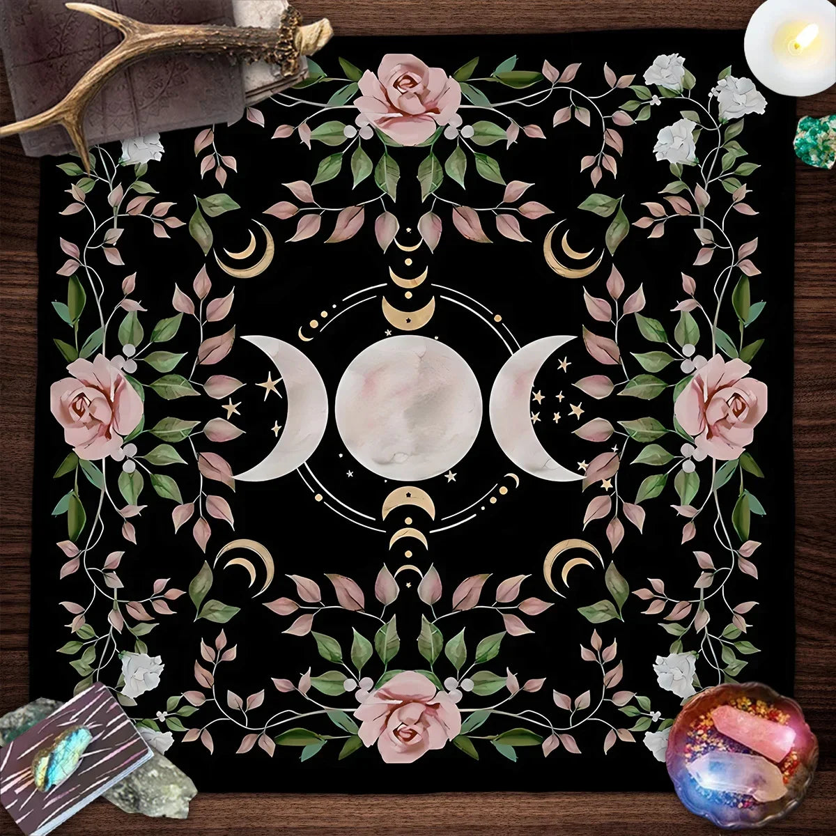 Triple Moon Altar Cloth Tarot Cloth For Spread Tarot Reading Cloth Moon Phase Pink Flower Tarot Mat Witchy Cottagecore Decor