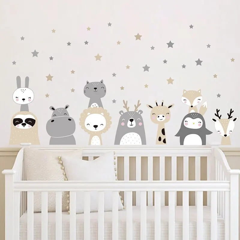 Cartoon Cute Lion Bunny Forest Animals Stars Wall Stickers for Waterproof PVC Kids Room Kindergarten Home Decoration