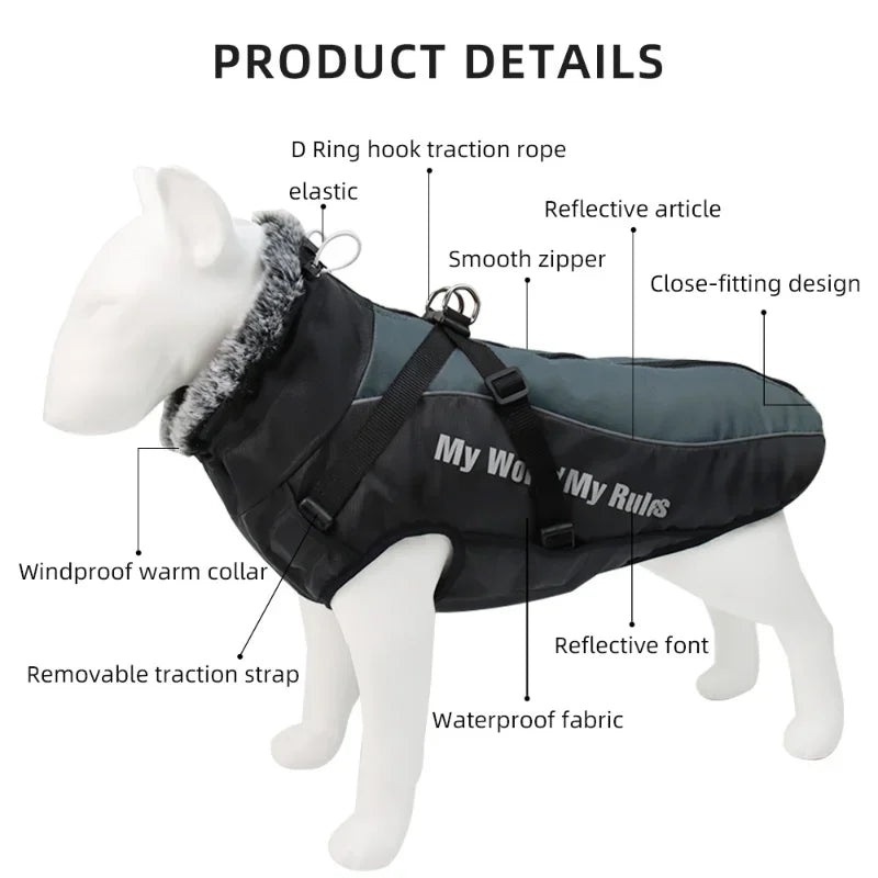 Clothes For Large Dogs Waterproof Big Dog Vest Jacket Autumn Winter Warm Fur Collar Pet Dog Coat For French Bulldog Wilma Dog