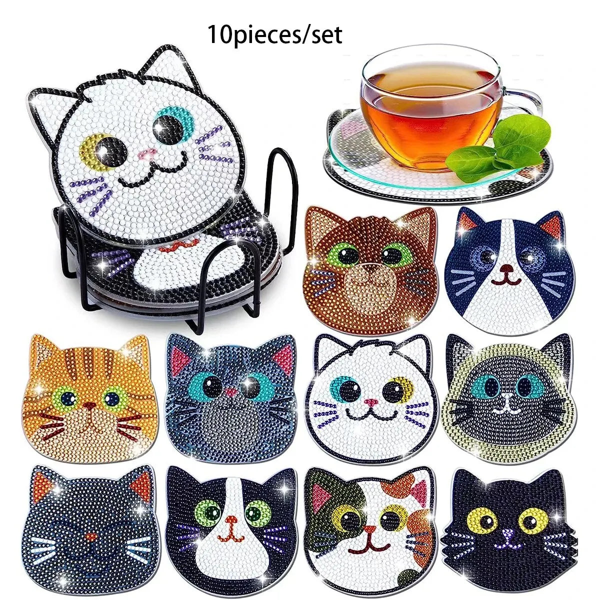 Diamond Painting Coasters Set, DIY Cartoon Cat Pattern Round Coasters 10x10cm/3.93x3.93in