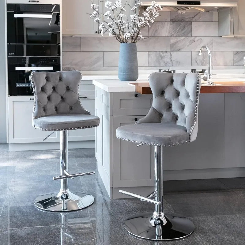 Bar Stools Set of 2, Adjustable Swivel Counter Height Barstools with Back for Kitchen Island, Velvet Upholstered Bar Chairs