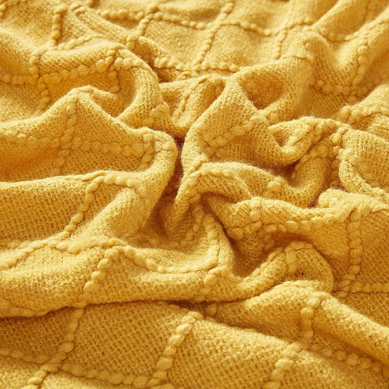 Knitted Fall Throw Blanket Knit Fall Decor Halloween Blanket with Tassel Mustard Yellow Lightweight Farmhouse Woven Blankets