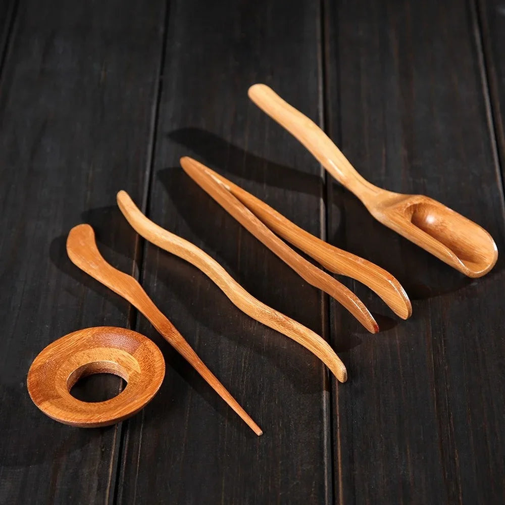 Chinese Tea Ceremony KungFu Teaware Kit Wood Teaspoon Needle Tweezer Clip Brush Teacup Holder Set Supplies Tea Making Tools