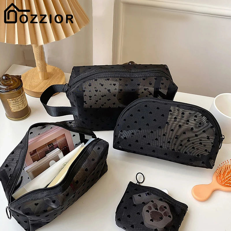 Love Print Mesh Cosmetic Bag Portable Toiletry Organizer Makeup Bags Multifunction Transparent Women Lipstick Coin Storage Pouch