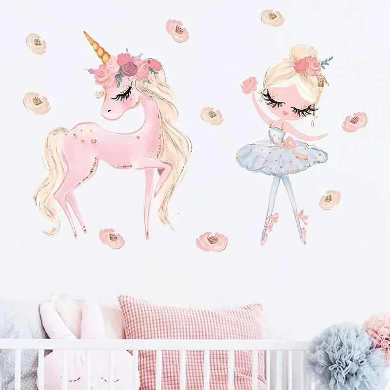 Cartoon Dance Princess Girl Unicorns Wall Stickers for Kids Baby Room Decor Girl Room Nursery Home Decoration Wall Decals