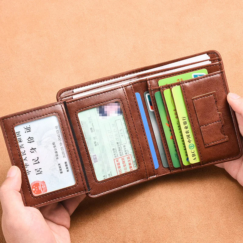 RFID Men Wallet Genuine Leather Blocking Trifold Wallet Vintage Thin Short Multi Function ID Credit Card Holder Male Purse Money