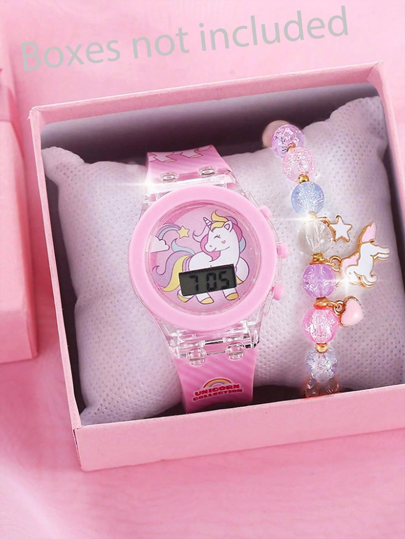 Pink Unicorn silicone children's electronic watch and acrylic unicorn beaded bracelet set as a gift for children