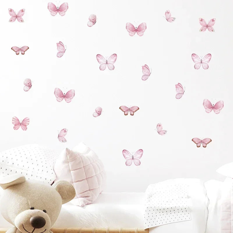 Watercolor Pink Flying Butterflies Pattern Wall Stickers for Kids Room Decoration Baby Nursery Room Wall Decals Home Decor