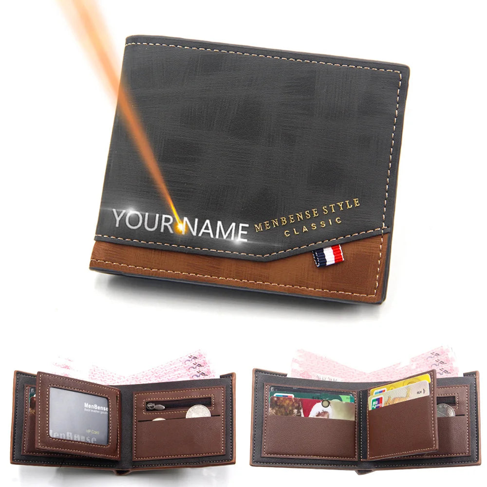 Slim Short Men Wallets Name Engraving Credit Card Holder  Classic Male Wallet Zipper Coin Pocket Small Men Money Clips