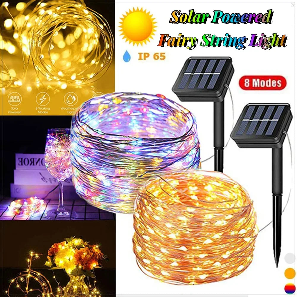 LED Solar String Lights Outdoor Waterproof Copper Wire Fairy Lights 8 Modes Suitable for Wedding Party Christmas Decoration