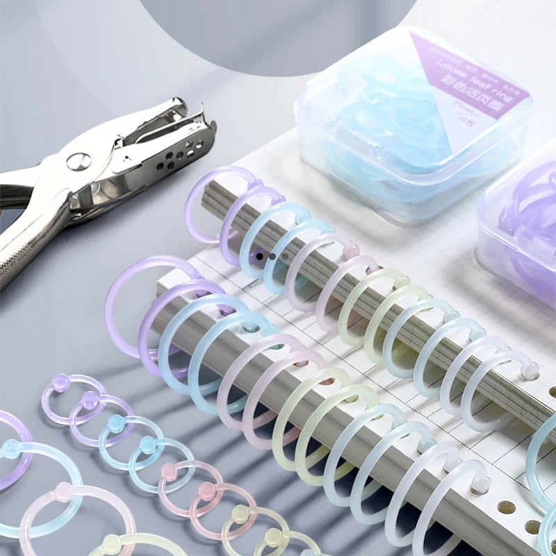 Colorful Transparent Plastic Binding Rings with Hole Puncher for Loose-Leaf Paper and Documents Office Supplies