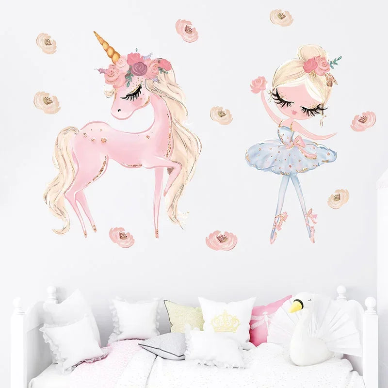 Cartoon Dance Princess Girl Unicorns Wall Stickers for Kids Baby Room Decor Girl Room Nursery Home Decoration Wall Decals