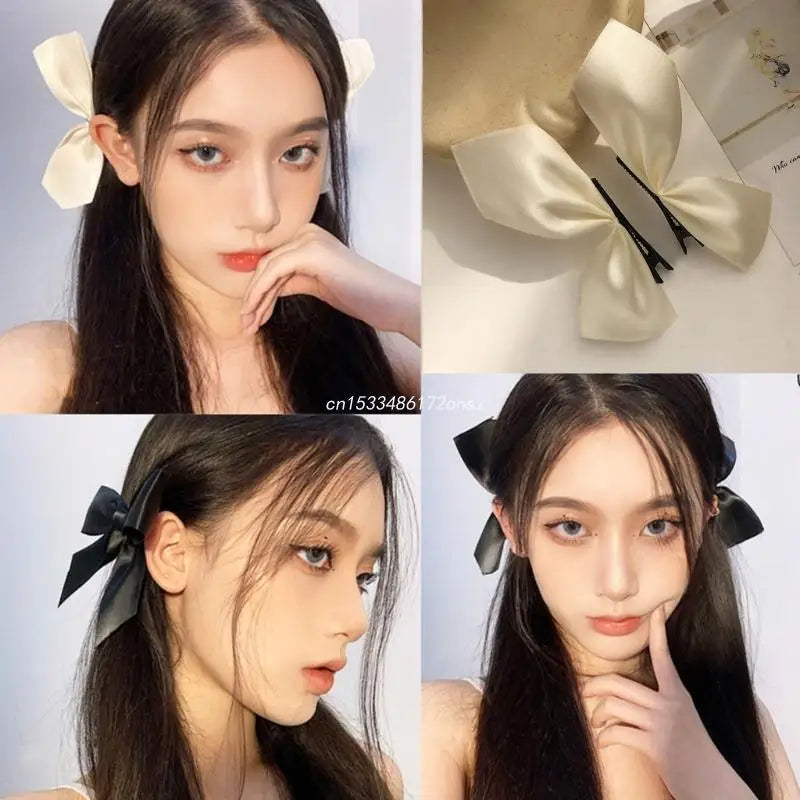 Black White Ribbon Hair Bows Clips Vintage Bowknot Side Hairpin Cute Girls Barrettes Headdress Hair Accessories for Women 2pcs