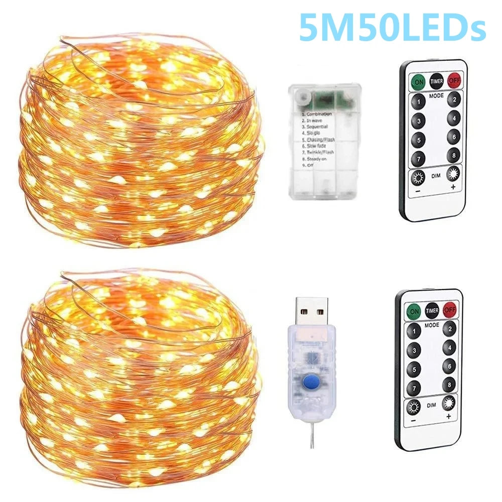 Lights String Remote Control Fairy Light USB Battery Operated LED String Lamp Timer Copper Wire Christmas Decoration