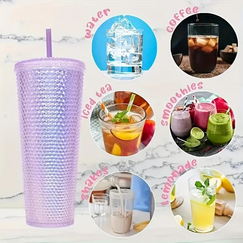 Gradient Plastic Cup With Lid And Straw Large Capacity Coffee Mugs Reusable Drinking Cup Double Walled Shiny Travel Tumble