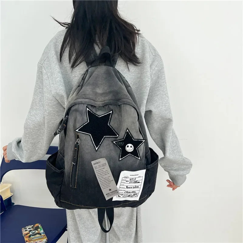 Denim Star Backpack Versatile Travel Bag For High School Students Double Shoulder Bag Vintage Feeling