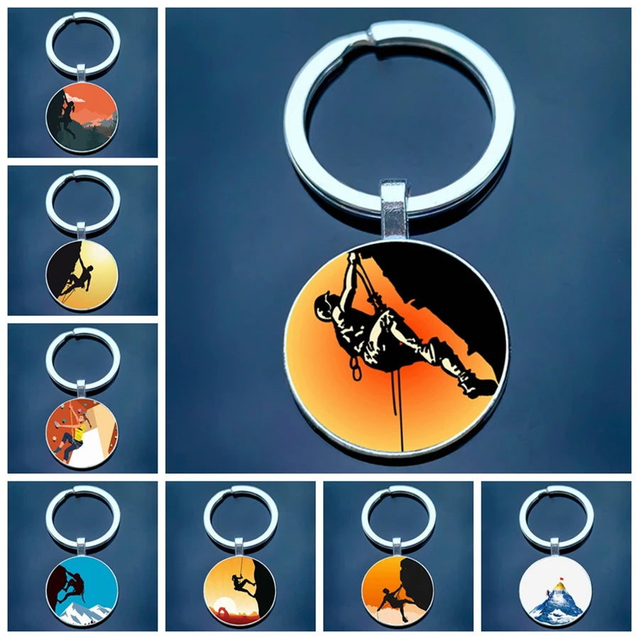 New rock climbing logo silhouette cartoon character glass keychain must buy key ring for men and women who love climbing