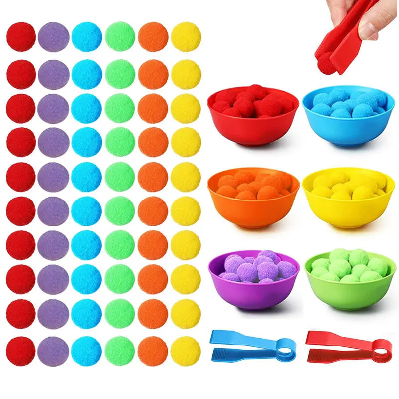 Children Counting and Sorting Toys Set Pom poms Rainbow Colors Plastic Bowls Tweezers Fine Motor Skill Chidlren Learning Toys