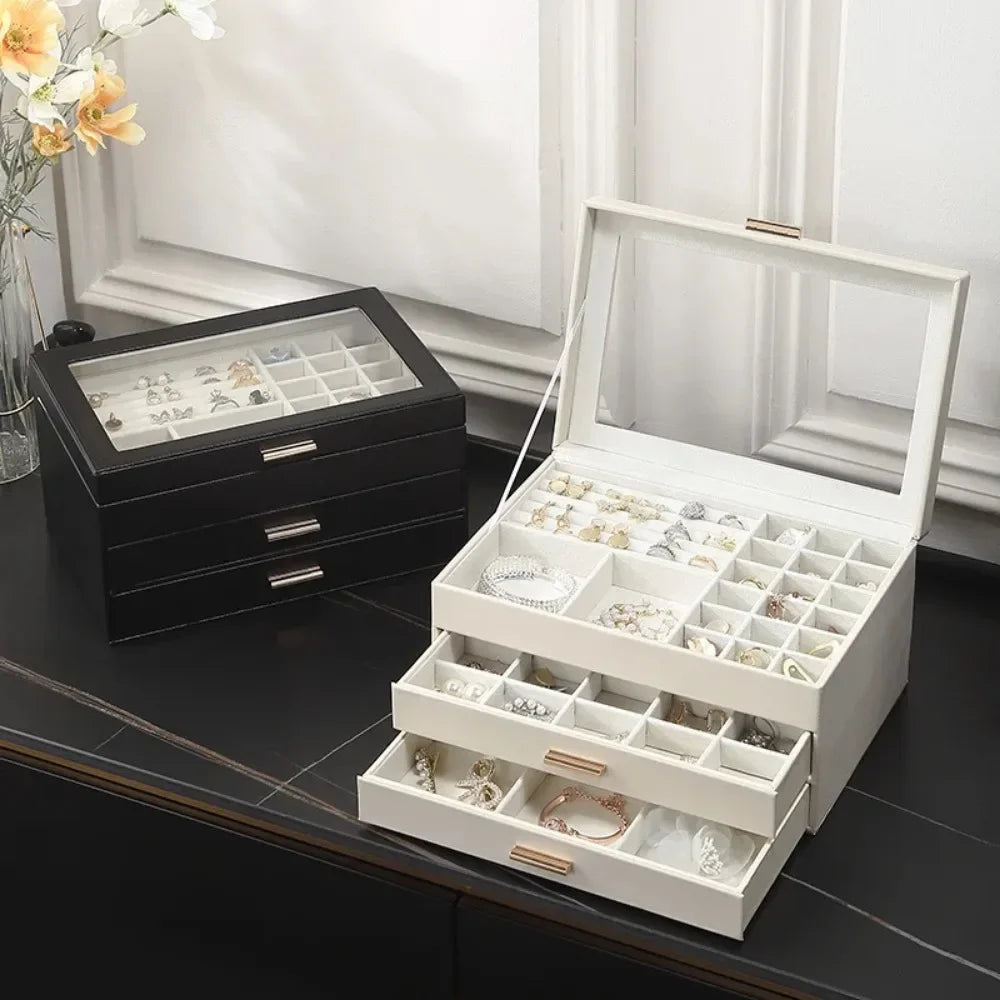 Jewelry Storage Box Multi Layer Drawer Type For Jewelry Necklace Earring Leather Jewellery Multifunctional Storage Display Box