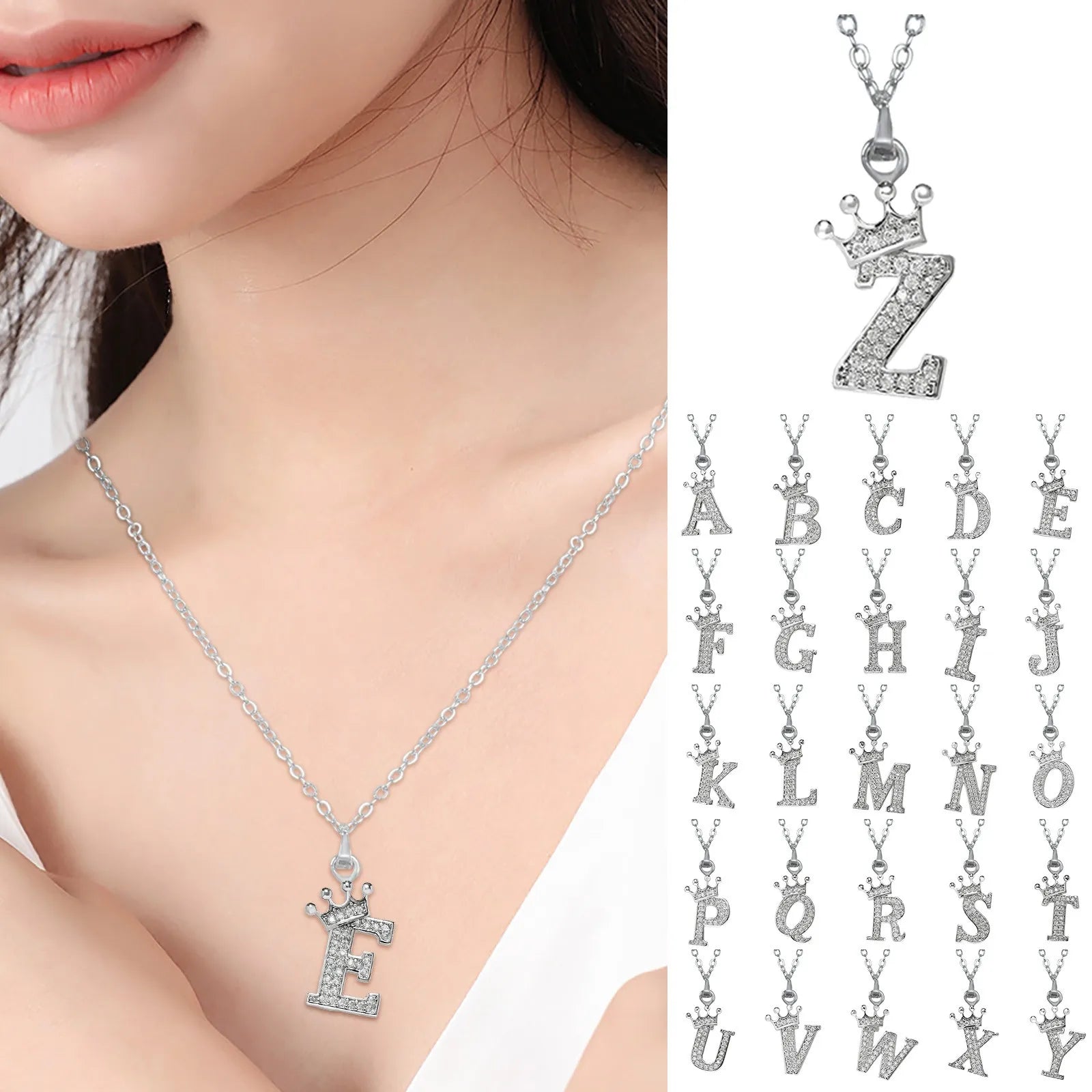 English Letters Full Diamond Pendant Necklace For Women Crown Rhinestone Necklaces A Z 26 Alphabet Necklaces Shiny Elegent