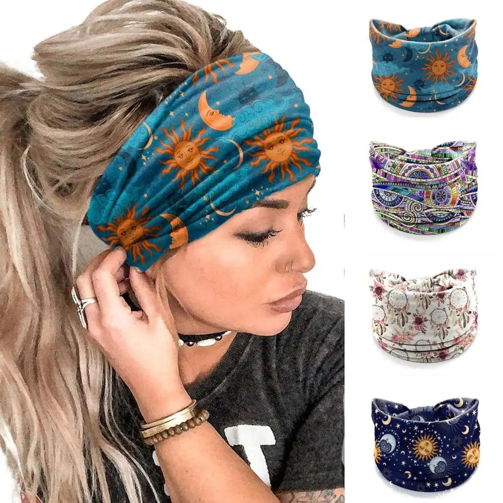 Boho Flower Print Wide Headbands Vintage Knot Elastic Turban Headwrap for Women Girls Soft Bandana Hair Accessories