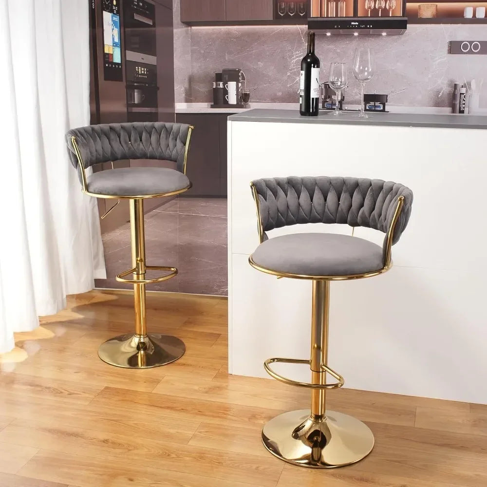 Bar Stools Set of 2, Modern Gold Velvet Barstool with Backs, Adjustable Height and Swivel, Kitchen Bars Chairs, Bar Chair