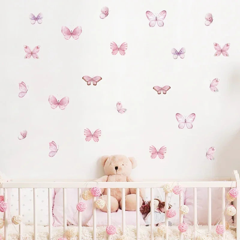 Watercolor Pink Flying Butterflies Pattern Wall Stickers for Kids Room Decoration Baby Nursery Room Wall Decals Home Decor