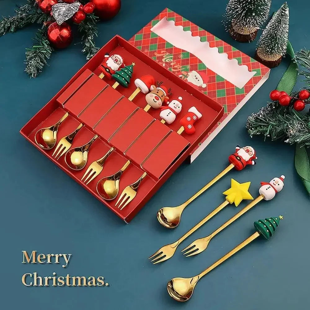 Christmas Spoon and Fork Set Stainless Steel Creative Tableware Coffee Tea Dessert Spoon and Fork Exquisite Gift Set