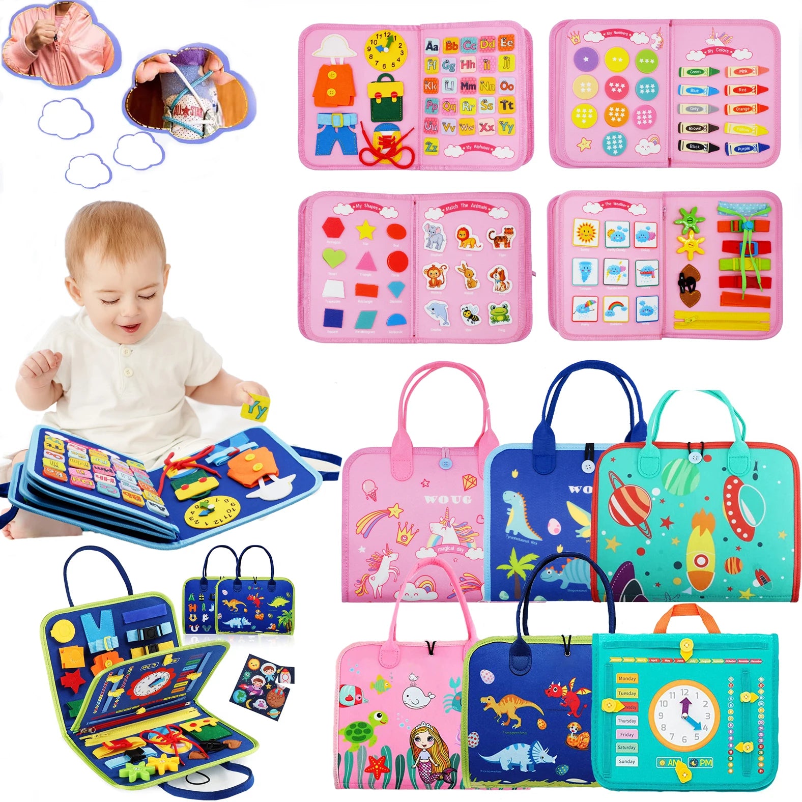 Montessori Toddler Busy Board Educational Activity for Basic Dress Motor Skills Baby Learning Toys for Travel