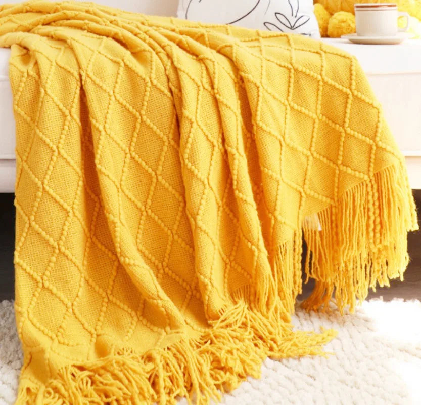 Knitted Fall Throw Blanket Knit Fall Decor Halloween Blanket with Tassel Mustard Yellow Lightweight Farmhouse Woven Blankets