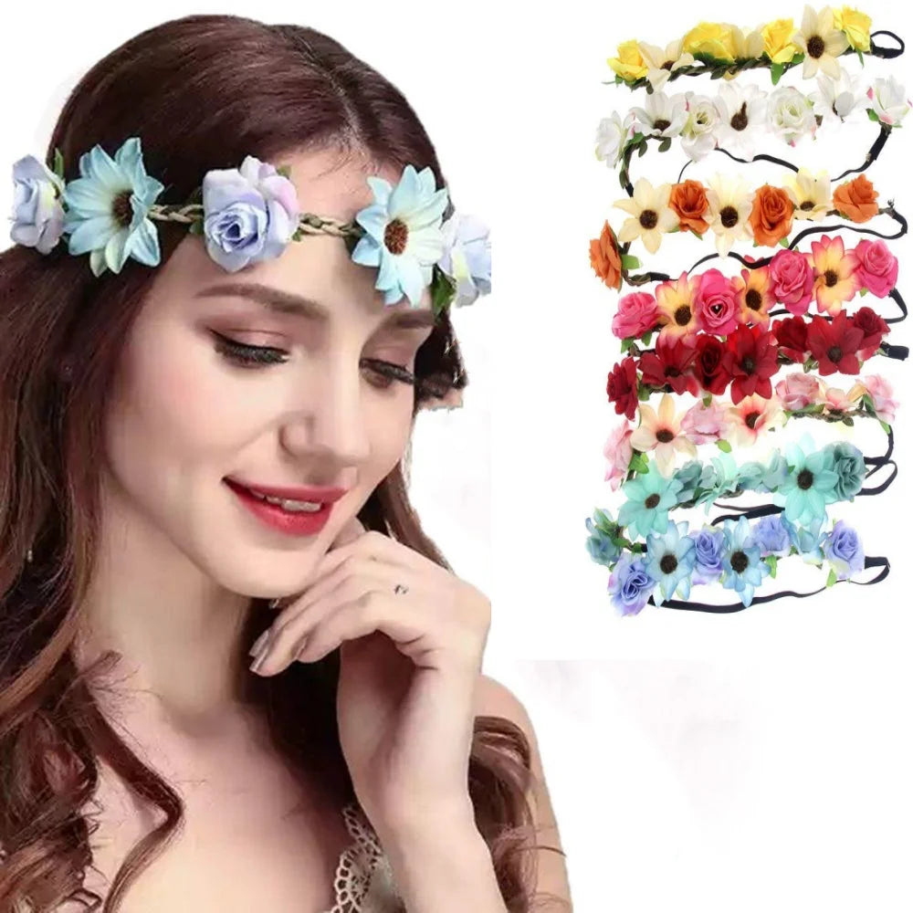 Bohemian Simulated Flower Headbands Wreath Women Bride Crown Fashion Hair Hoop for Ladies Wedding Party Beach Hair Accessories