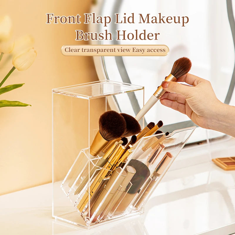 Clear Cosmetic Brush Storage Box, Makeup Brush Holder with Lid, Large-Capacity Design for Organize the Vanity Desk