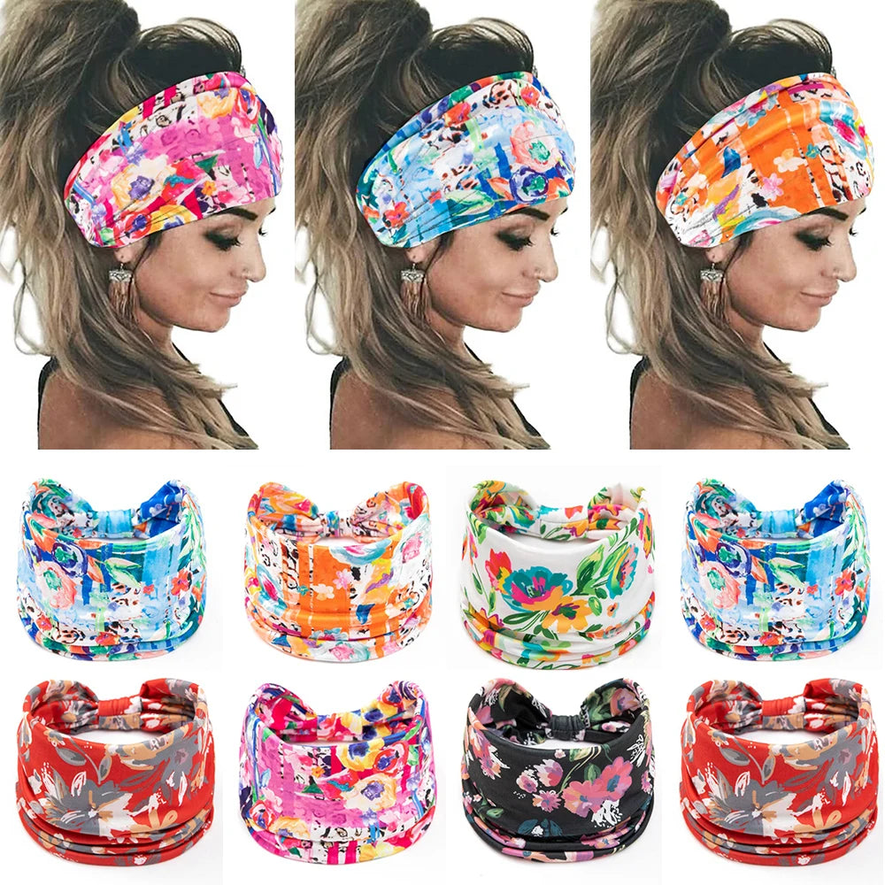 Boho  Women Wide Knotted Hairbands Elastic Turban Head Bands Nonslip Floral  Sports Sweatbands Workout Head Wraps Headband