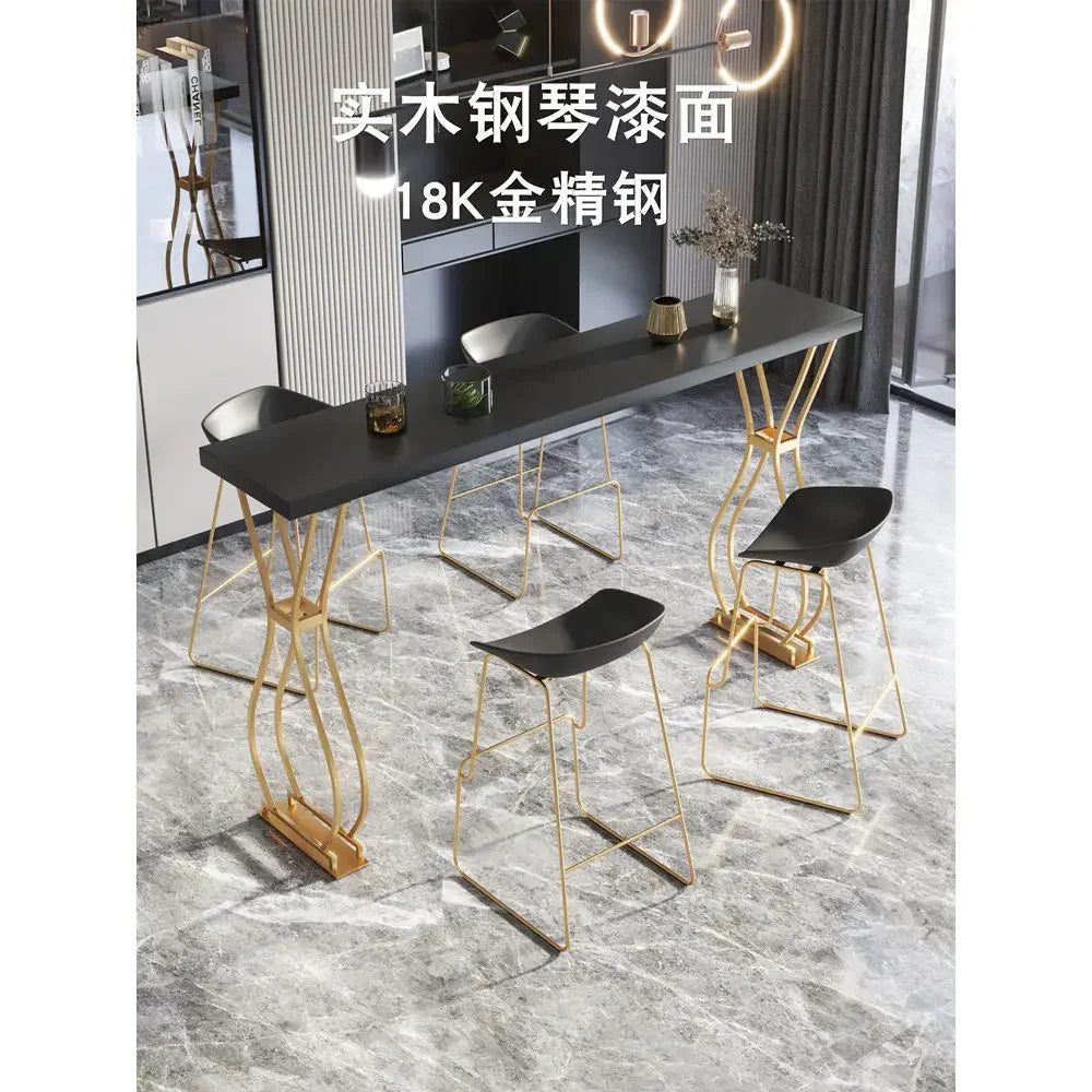 Luxury Solid Wood Bar Table Home Milk Tea Shop Wall Long Table High Table Wrought Iron Chair Combination