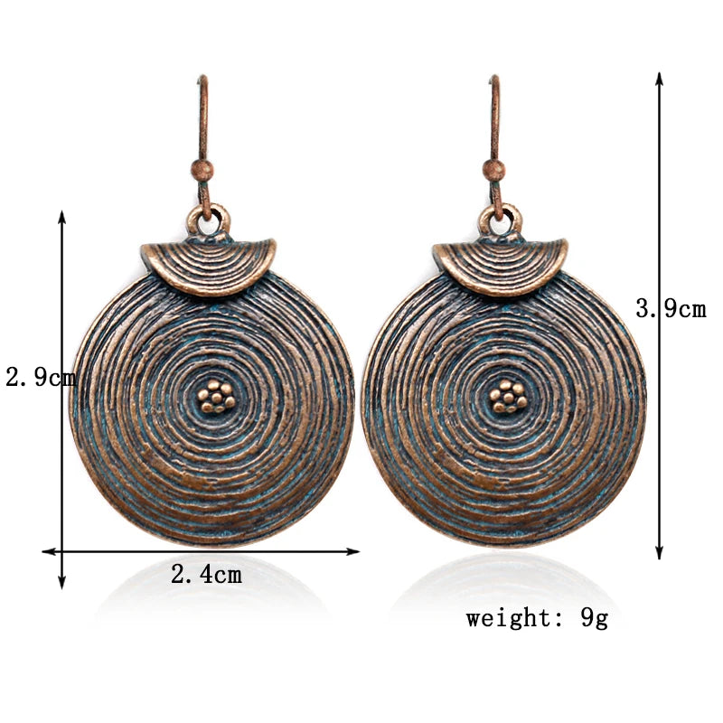 Retro Spiral Texture Disc Water Ripple Earrings Bronze Ethnic Simple Rustic Bohemian Woman Fashion Holiday Jewelry